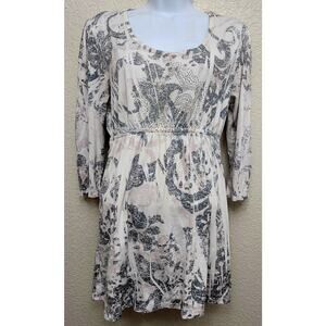 Lady Noiz Gray Pink Floral Print Top Small Rhinestones Elastic Waist Lightweight